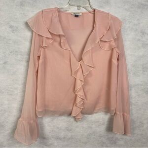 American Eagle Outfitters Soft Pink Ruffle V Neck Sheer Blouse Women Small